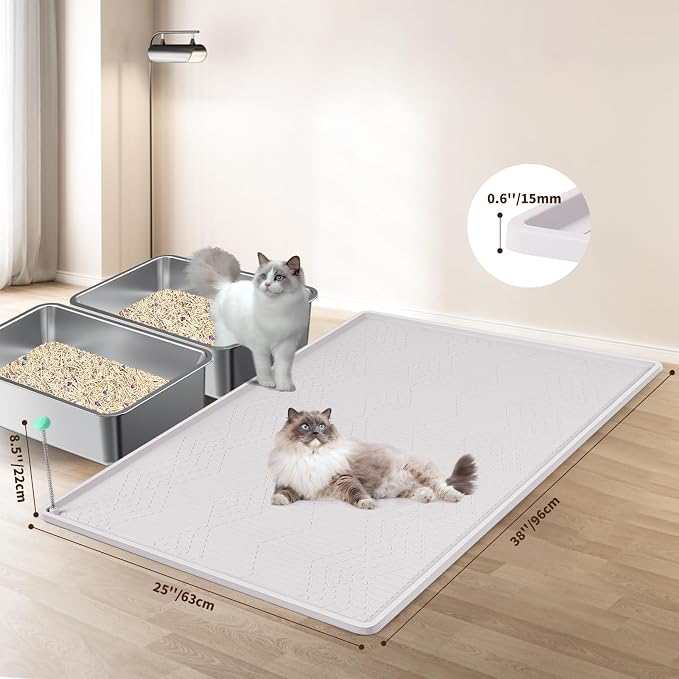 Silicone Cat Litter Box Mat 38'' x 25'' Cat Mat with Toy, White | Extra Large Litter Mat with lip, Non-Slip Waterproof Cat Litter Mat Litter Trapping Mat for Floor, Easy to Clean - Image 2