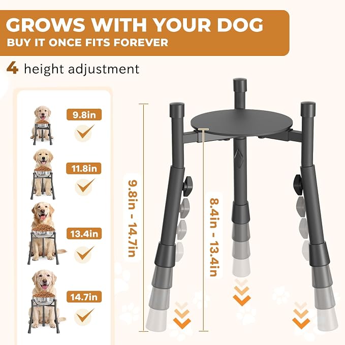 Elevated Dog Bowl Stand for Large Medium Breeds, Extra-Stable Food Feeder | 2 Pack Adjustable Size 4 Heights Width 6-10in, Anti-Tip Metal Raised Water Dish Holder, Non-Slip Tall Single Lifted Riser - Image 2
