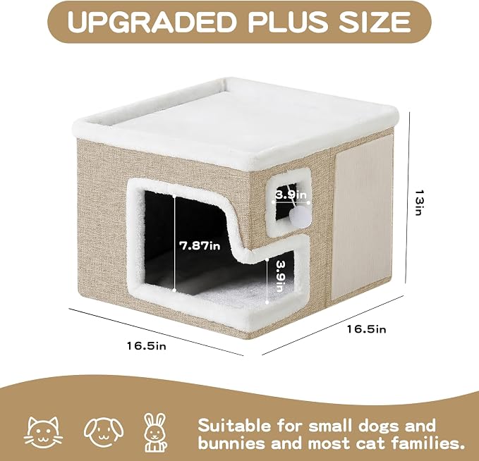 Cat Houses for Indoor Cats, Covered Cat Cave Bed with Scratch Pad and Fluffy Ball, Foldable Cat Hideaway Condo for Large Cats, Modern Kitten Bed,16.5x16.5x13 inches (Khaki‌, L) - Image 4