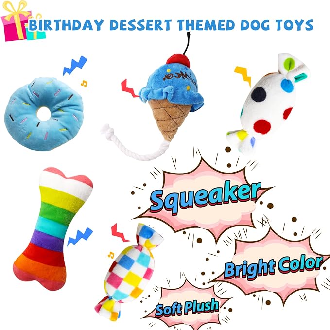 lilfrd 9Pcs Blue Dog Birthday Toy Set, Squeaky Hat Bandana Gift for Dogs | Birthday Gift Pack, Soft Plush, Small Medium Puppy Friendly - Image 6