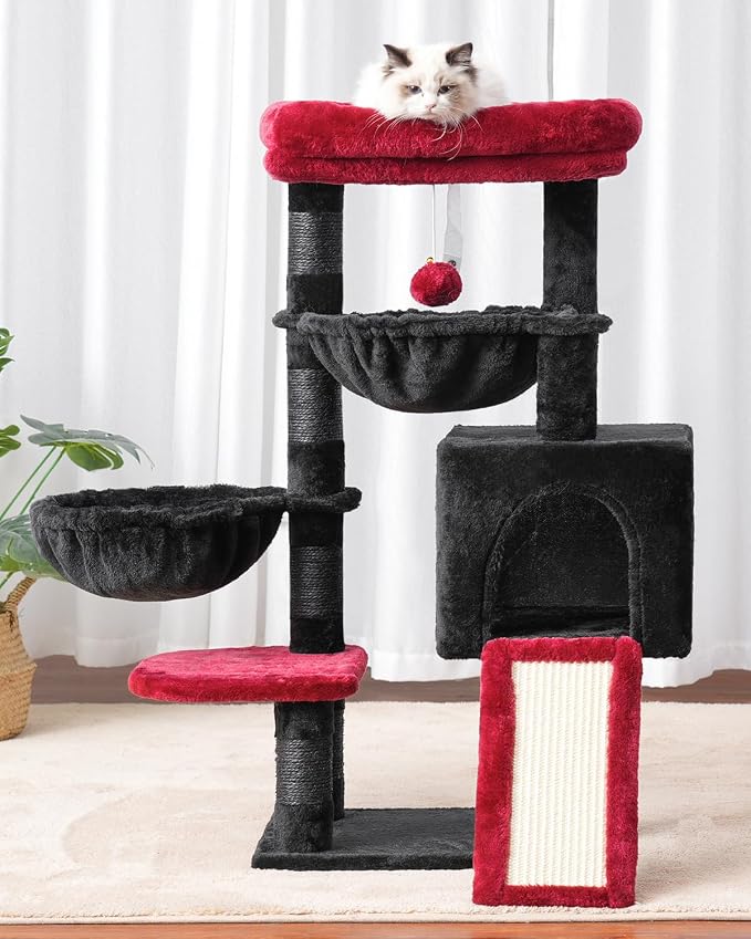Hey-brother Cat Tree Tower with Large Bed, Hammocks, Scratcher, MPJ006SBR | 35.4 Inches Cat House with Cozy Condo, Sisal Scratching Posts for Indoor Cats, Black and Red - Image 2