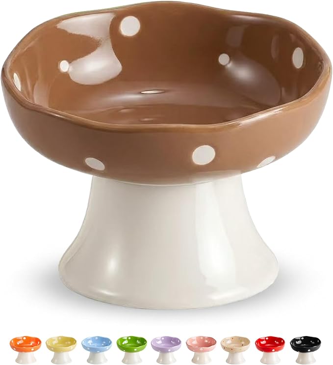 Brown Mushroom Cat Bowl, Elevated Ceramic Bowl for Cats | Cute, Elevated, Ceramic, Whisker Friendly, Dishwasher Safe by Trundisan