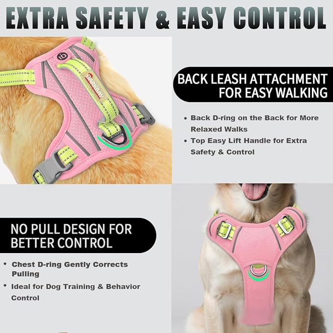 BARKBAY No Pull Dog Harness Large Reflective Dog Harness with Front Clip and Easy Control Handle for Walking Training Running with ID tag Pocket(Baby Pink & Sunlight,L) - Image 3