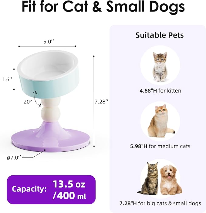 Ceramic Elevated Raised Cat Bowls,3 Heights Adjustable Raised Dog Bowl Stand for Indoor Cats and Small Dogs,15° Tilted Cat Food Feeding Dishes，Adjusts to 4.69", 5.98", 7.28" (Pink & White) - Image 2