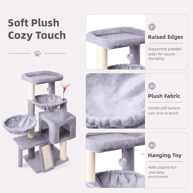 Cat Tree with Cat Condo and Two Hammocks, Cat Tree with Scratching Posts and Scratching Pads, Cat Tower for Indoor Cats, Activity Centre Climbing Tree with Playful Toy Balls, Grey - Image 3