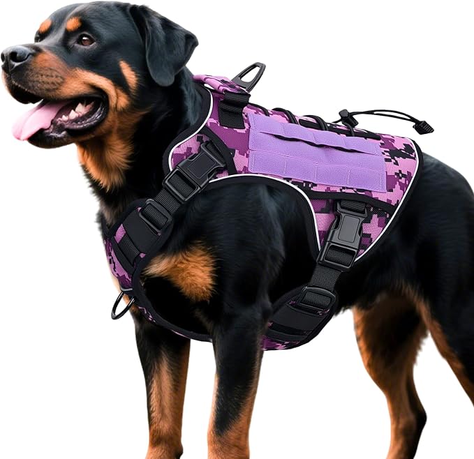 Heavy-Duty Tactical Dog Harness for Large Dogs, No Pull Adjustable Reflective Pet Vest with Molle System, K9 Military-Grade Control for Service Training, Outdoor & 10+ Breeds, Purple Camo, X-Large by Bruvoalon