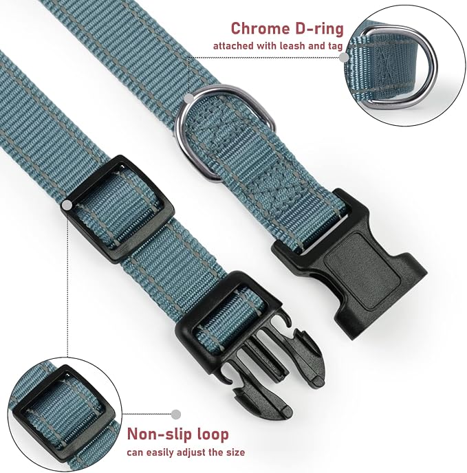 Reflective Dog Collar with Buckle Adjustable Safety Nylon Collars for Small Medium Large Dogs, Grey M | No Chafing on Walks and Outdoor Hikes, Metal D-Ring, Night Safety - Image 3