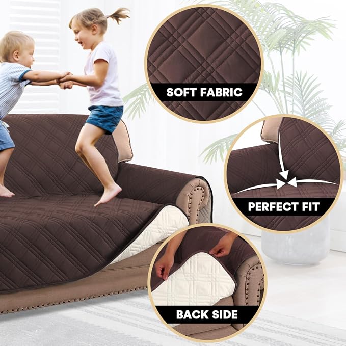 PrinceDeco 100% Waterproof Loveseat Covers for 2 Cushion Couch Sofa Covers Waterproof and Washable Sofa Slipcover with Side Pocket Furniture Protector with Elastic Straps(Loveseat 48", Brown) - Image 3