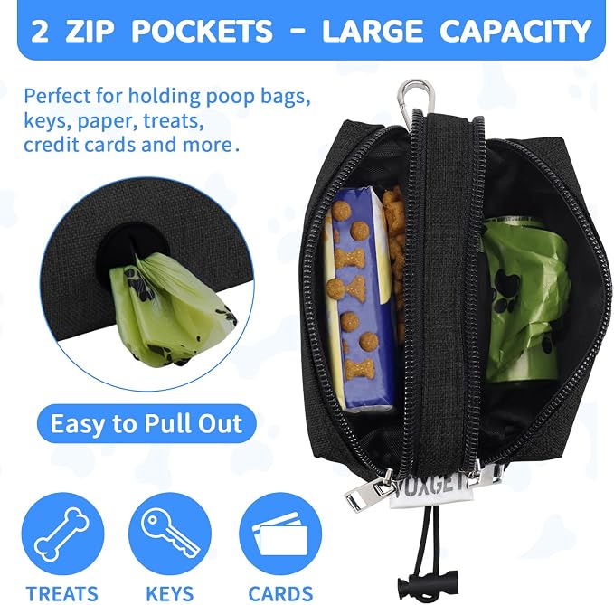 Dog Poop Bag Holder with Treat Pouch, 2 Zipper Pockets & Leash Clip | Waste Bag Dispenser with 1 Roll Poop Bags, Quick Access Treat Storage, Hands-Free Design for Dog Walking, Training & Travel - Image 4