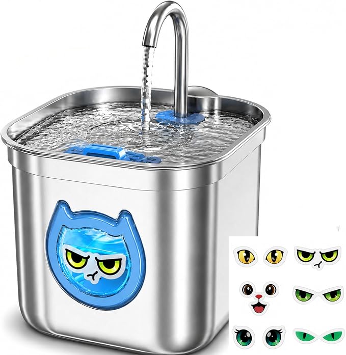 Homtyler Luxury Automatic Cat Water Fountain for Pets, 2.2L/74oz Stainless Steel Dog Water Dispenser with Filter, BPA Free & Silent, Featuring LED Light, Easy Clean & Cat View Window by Homtyler