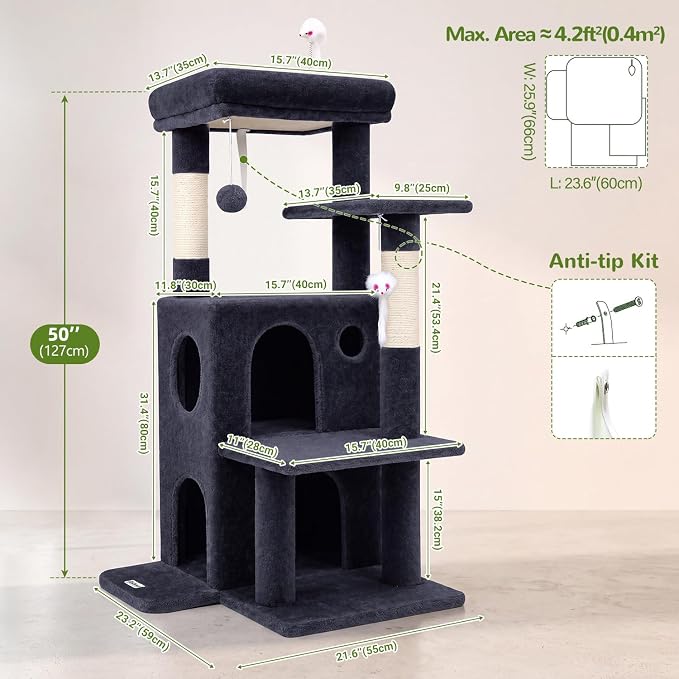 Globlazer Cat Tree Tower for Indoor Cats, 50-inch Adult Cat Tree House for Large Adult Cats with Steps, Scratching Post, 2 Cat Caves, Dangling Toys, FC50, Dark Grey - Image 5