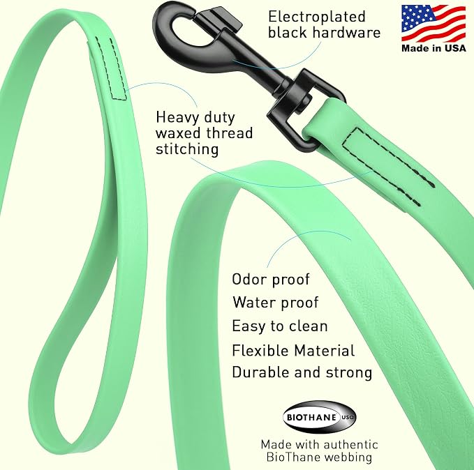 Dogline Biothane Waterproof Dog Leash Strong Coated Nylon Webbing with Black Hardware Odor-Proof Easy to Clean High Performance for Small or Large Dogs Made in USA 4 or 6 ft Lead, Sea Foam Green - Image 2