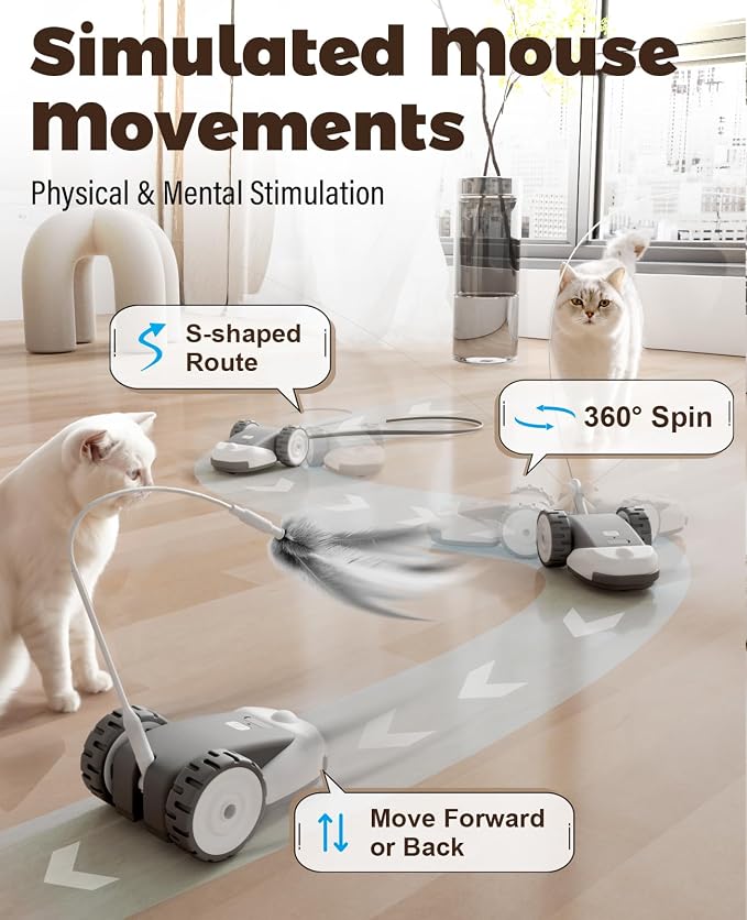 CYROS 3-in-1 Interactive Cat Toy - 2-Speed Automatic Moving Mouse Cat Toys Self Play with 2pcs Hanging Feather String Ribbon and Wiggly Silicone Mice Tail for Bored Indoor Adult Cats Kittens - Image 3