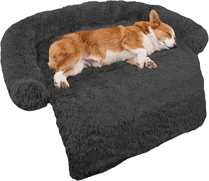 Calming Dog Bed Fluffy Plush Dog Mat for Furniture Protector with Removable Washable Cover for Large Medium Small Dogs and Cats (Medium(41x37x6), Dark Grey) by GGIB