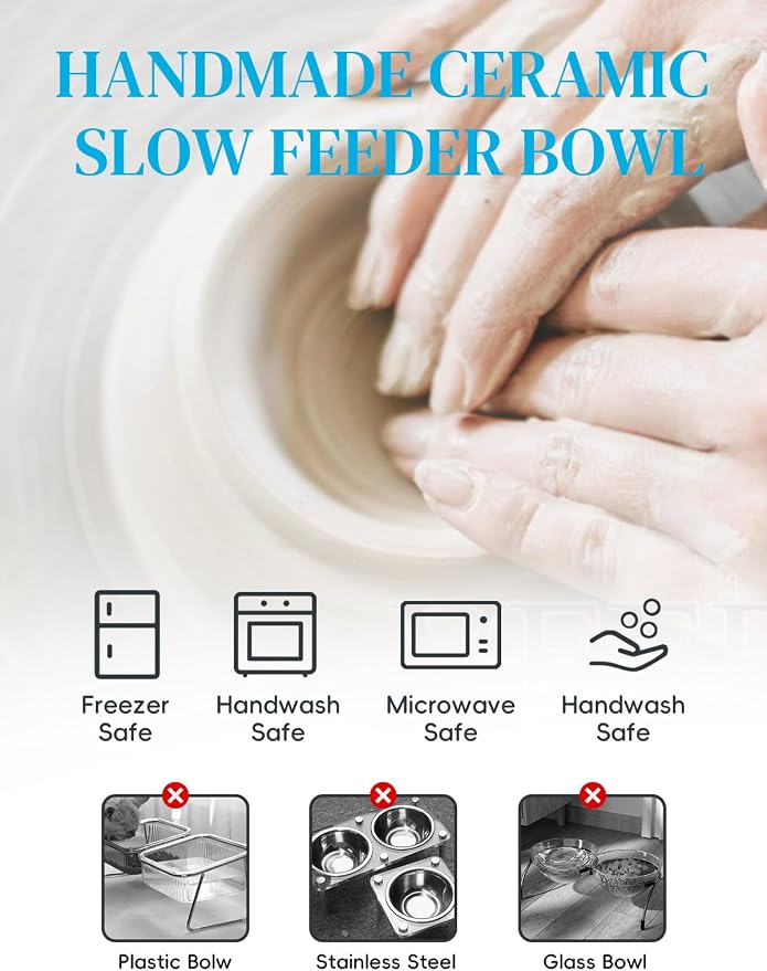Y YHY Ceramic Slow Feeder Cat Bowl, Elevated Cat Bowl Tilted Design Slow Feeder for Dog and Cat for Dry and Wet Food, Blue - Image 6