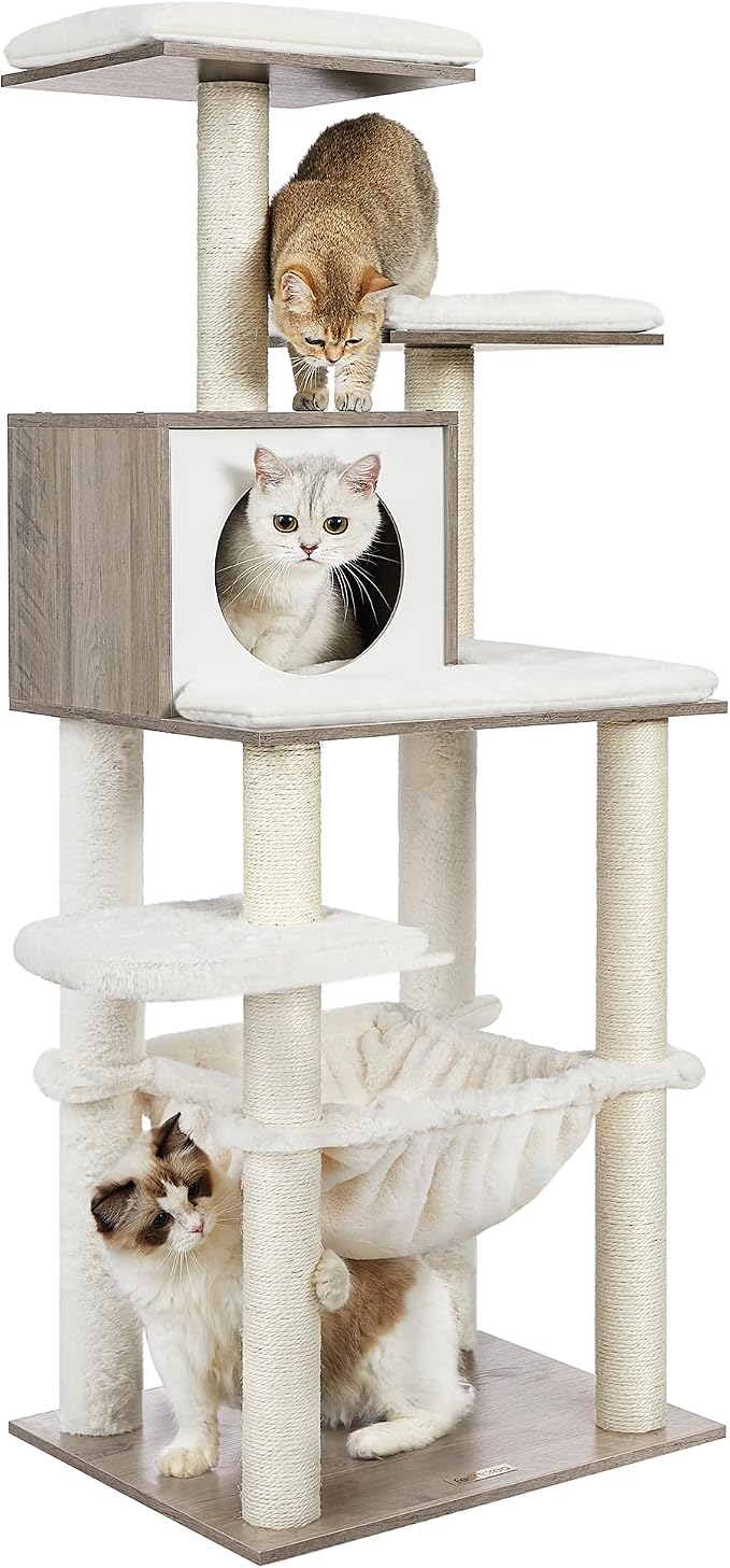 Feandrea Cat Tree, 56.3-Inch Modern Cat Tower, Multi-Level Plush Condo with Scratching Posts, Hammock, Washable Cushion, Heather Greige UPCT164G01 by FeandreabySONGMICSHOME