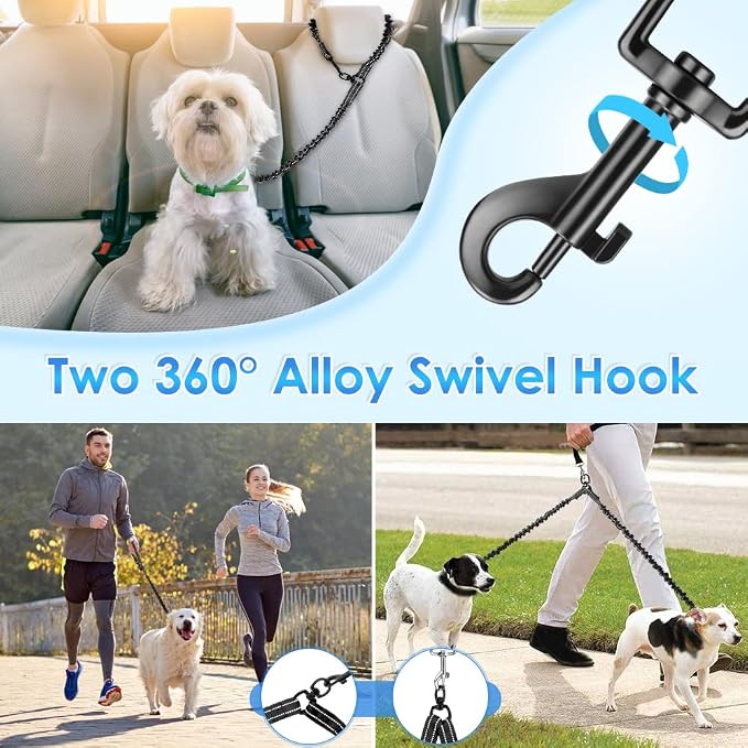 AUTOWT Double Dog Leash, No Tangle 360° Swivel Rotation Reflective Lead Attachment Bungee Extension Length Dual Two Dog Lead Splitter, Comfortable Shock Absorbing Walking Training for 2 Dogs - Image 4