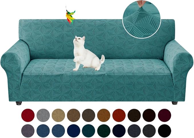 YEMYHOM 1 Piece Stretch Couch Covers for 3 Cushion Couch, Jacquard Sofa Cover with Non-Slip Elastic Bottom, Thickened Slipcover Furniture Protector for Dogs Pets (Large, Peacock Blue） by YEMYHOM