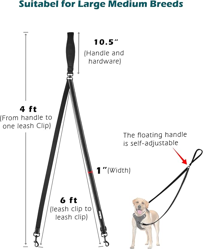 PetBonus Two Point Control Dog Leash, No Tangle Training Walking Leashes | Soft Padded Handle, Reflective, Works with No Pull Harnesses, Converts to Single Lead for Medium Large Dogs, Black - Image 4