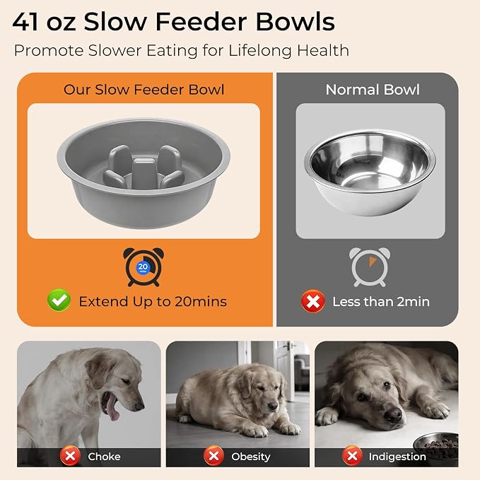 URPOWER Mess Proof Elevated Dog Bowls 4 Height Adjustable Raised Stand | No Spill Water Bowl, Slow Feeder Dog Bowls, Non-Slip Food and Water Bowl Set for Small, Medium & Large Dogs - Image 3