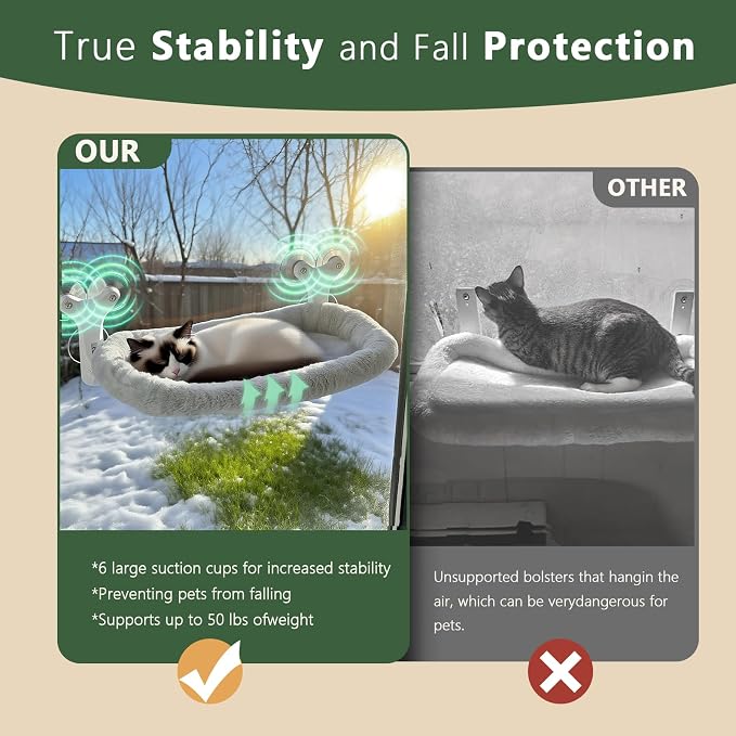 Cat Window Perch with 6 Strong Suction Cups,Mats that can be Switched Between Winter and Summer, Foldable Cordless Cat Beds Can Bear 50LBS Weight (White) - Image 2