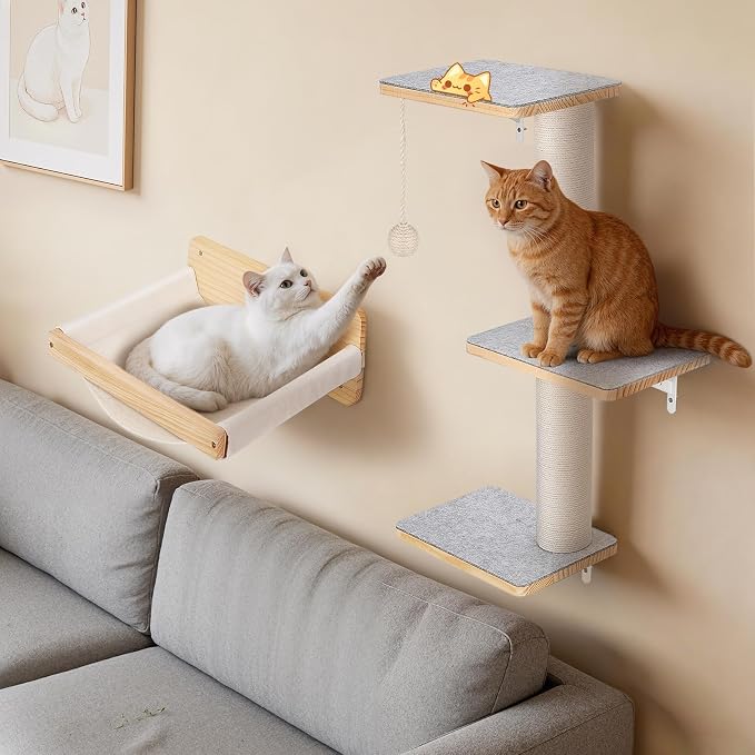 Wall Mounted Cat Shelves Set with Hammock | Sisal Scratching Posts, 3 Wooden Steps, Space-Saving Cat Tree, For Indoor Cats Up to 30 lbs - Image 8