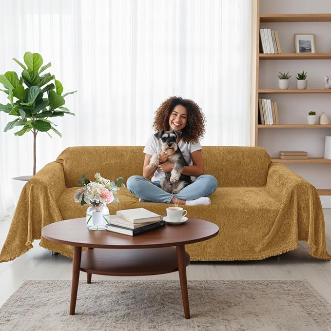Smiry Couch Cover for Dogs, Chenille Sofa Covers for 3 Cushion Couch | Washable Soft Sofa Slipcover for Pets, Thick Sectional Furniture Protector with Tassels (Yellow, 71x118 Inch) - Image 11
