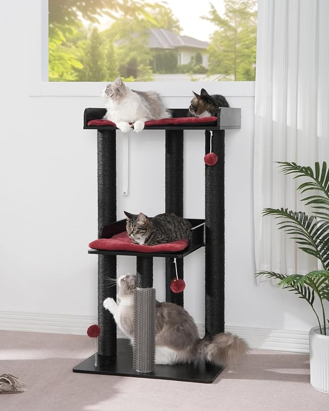43.7" Modern Cat Tree, Cat Tower for Large Cats, Wood Cat Tree | Maine Coon Cat Tree, Cat Tower with Scratching Post, Large Perch and Removable Pads, Black&Red - Image 2