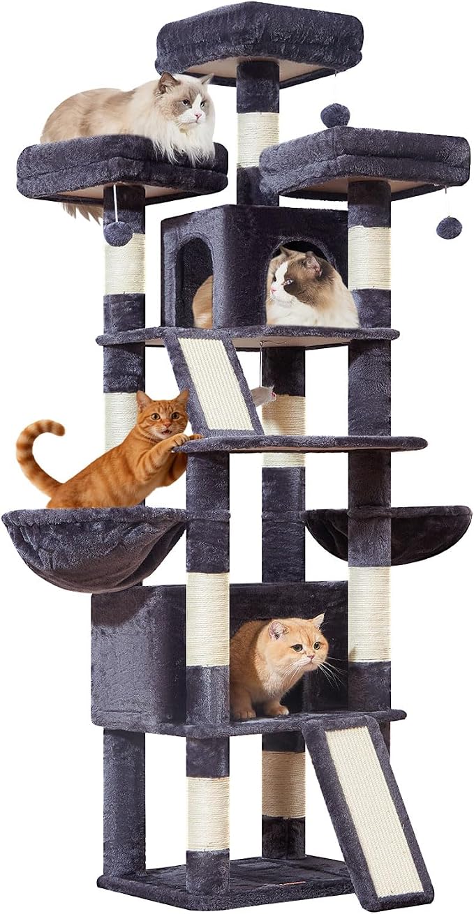 Taoqimiao Cat Tree for Large Cats, 76.8 Inches XL Cat Tower for Indoor Cats | 2 Scratch Boards, 3 Top Perches, 9 Scratching Posts, Multi-Level Cat Tree with 2 Condos, 2 Cozy Basket, Smoky Gray, T20G - Image 8