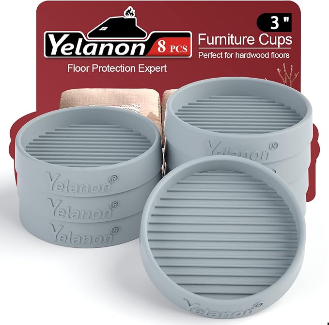 Yelanon Furniture Coasters - 8 Pcs 3'Round Rubber Furniture Caster Cups - Non Slip Pads Hardwood Floors Non Skid Grippers - Anti Slide Floor Protector for Bed Couch Stoppers Gray by Yelanon