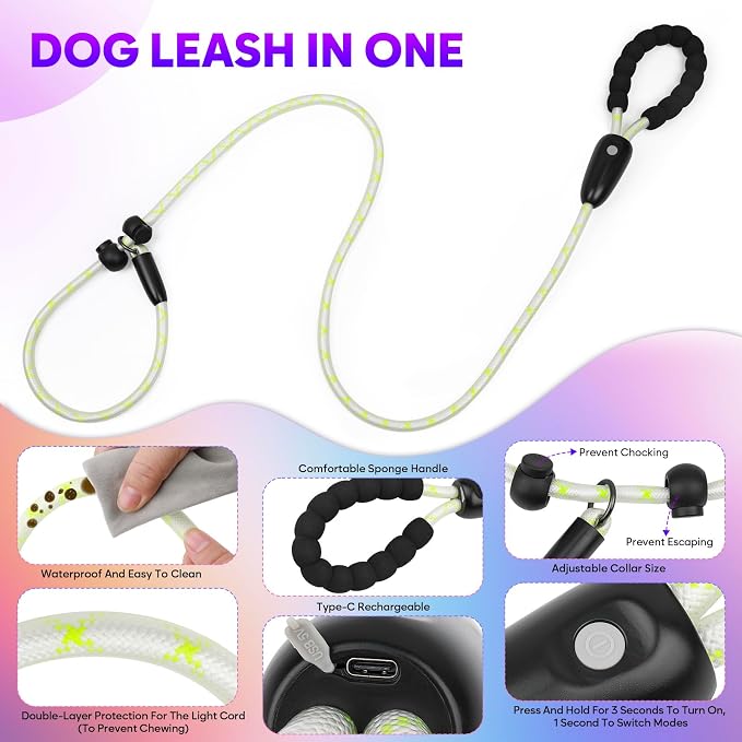 Light Up Dog Leash with Collar 2-in-1, 14 LED Modes Reflective Leash for Medium Large Dogs, USB Rechargeable Waterproof Adjustable Night Walking for Safety - Image 3