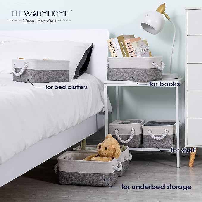 TheWarmHome Small Storage Baskets for Organizing,Storage Baskets for Shelves,Small Fabric Storage Bins W/Handles For Closet Nursery Toy Decorative Foldable (White&Grey, 11.8L*7.9W*5.2H-6 Pack) - Image 6