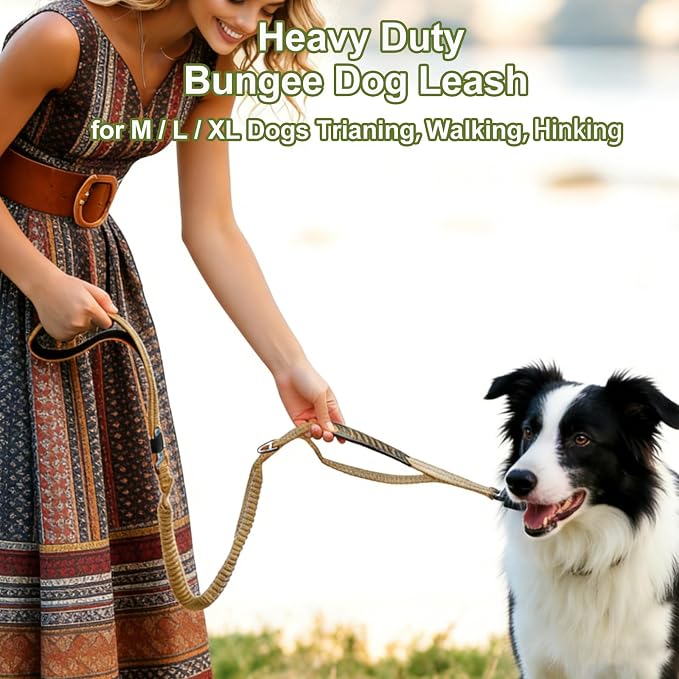 Dog Leash Heavy Duty, Bungee Leash Reflective Car Seat Belt for Dogs Khaki | 4-6FT Strong Shock Absorbing Tactical with 2 Padded Handles, Dog Tug Lead for L XL Dogs Walking Running Training - Image 5