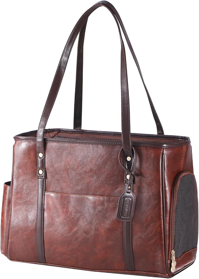 Fashion Dog Carrier Purse, Premium Leather Cat Carrier Bag, Airline Approved Soft Sided Pet Travel Tote Bag with Pockets Coffee by Unknown
