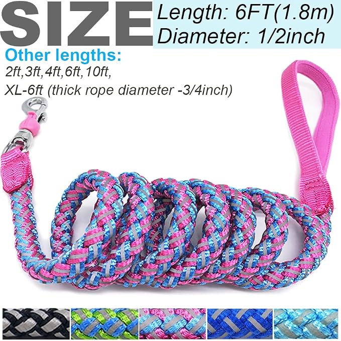 Reflective Dog Leash 2/3/4/6/10ft Braided 1/2" Strong Nylon Rope | 6FT Pink Dog Leash for Large Medium Small Dogs Walking Training Leads - Image 7