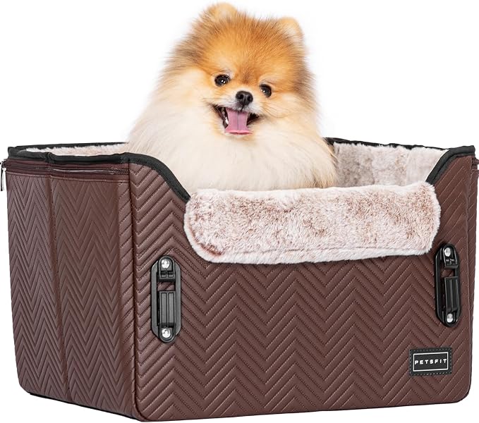PETSFIT Car Seat for Dogs, Waterproof PU Leather Dog Car Seat for Small Dogs with Patent Safe Buckles, Clip-On Leash, Pet Travel Carrier Bed for Small Pets Up to 25lbs (Brown) - Image 9