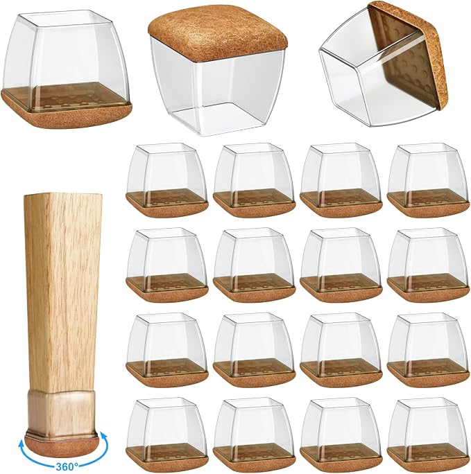 16 Pack Chair Leg Floor Protectors for Hardwood Floors, Round Rubber Furniture Sliders, 360°Felt Pad Bottom Wrapped Thickening Silicone Furniture Legs Caps Covers(Square,Clear-Brown-L Plus) by Yarehand