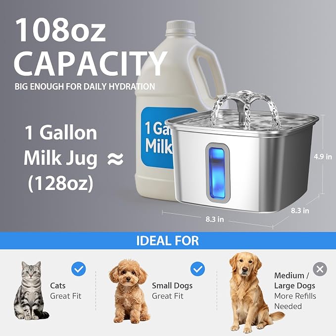 Veken Innovation Award Winner Stainless Steel Cat Water Fountain, 108oz | Automatic Pet Fountain Dog Water Dispenser with 3 Replacement Filters & Silicone Mat, Gifts for Cats, Dogs (Silver) - Image 4