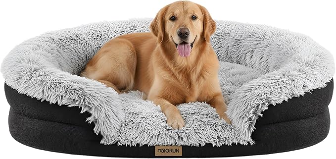 Miorun Fluffy Orthopedic Dog Beds Large Sized Dog, 43" Bolster Sofa Bed | Soft plush faux fur,lowered entry,washable cover,waterproof liner,claming dog couch for x-large dogs,supportive bolster by Miorun