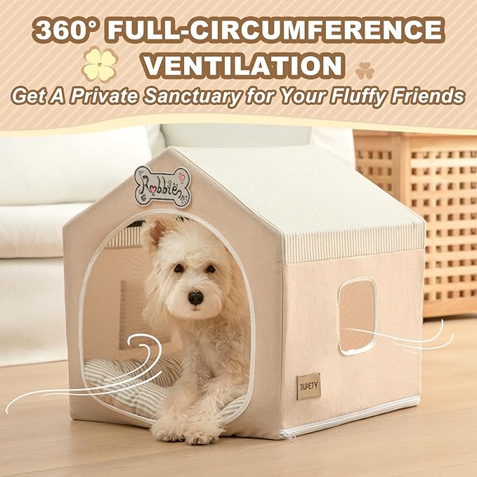 Indoor Dog House with Frame,Cute Dog Tent Bed with Cover Cave,Beige | Breathable,Washable,and Foldable House, Suitable for 8-16 Lb Puppy and Cats, Medium (17"×17"×17"),Inside Dog House - Image 2