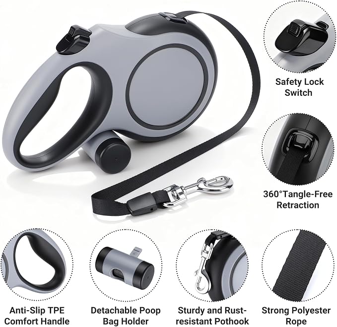 Segarty 26 Ft Walking Lead with Poop Bag Holder for Dog 66 lbs - 110 lbs, 8m Dog Leash Retractable with Anti-Slip Handle & One-Handed Brake Pause Lock, 360°Tangle-Free Leash for Pet Outside Activities - Image 3