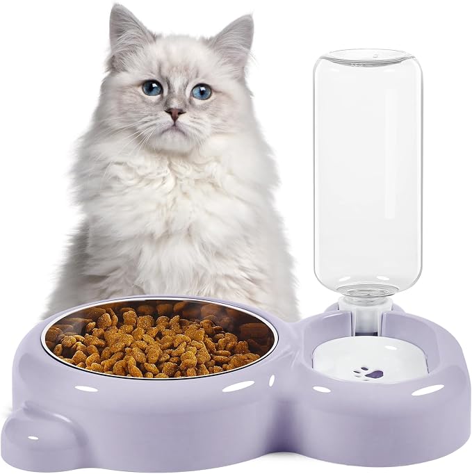 Dog Bowls, Cat Food and Water Bowl Set with Water Dispenser and Stainless Steel Bowl for Cats and Small Dogs - Purple - Image 7