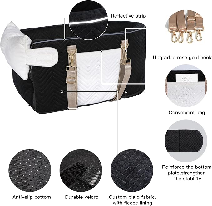 Dog Car Seat for Small Dogs Adjustable Portable Center Console Dog Car Seat Removable Cat Booster Cars Seats - Safety Belt with Cushion Anti-Collapse for Puppy Kitten Up to 15 Lbs (Black) - Image 6