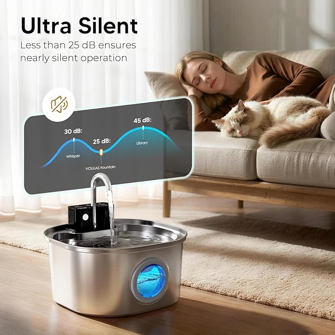 Voluas Stainless Steel Cat Water Fountain, Wireless, 108oz/3.2L, 4 Filter | Cordless Design, Ultra-Quiet Pump, Easy to Clean, BPA-Free - Image 3