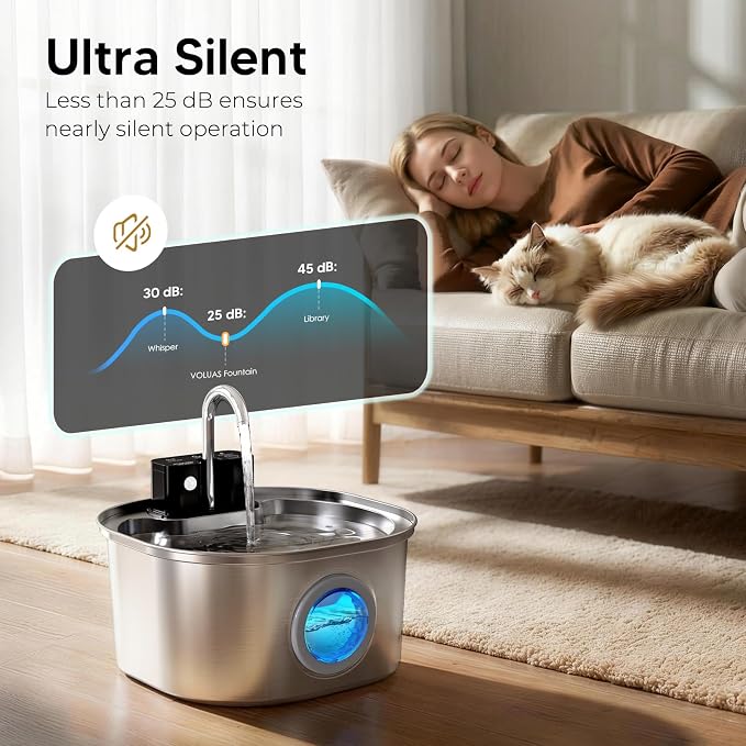 Voluas Stainless Steel Cat Water Fountain, Wireless, 108oz/3.2L, 2 Filter | Cordless Design, Ultra-Quiet Pump, Easy to Clean, BPA-Free - Image 3