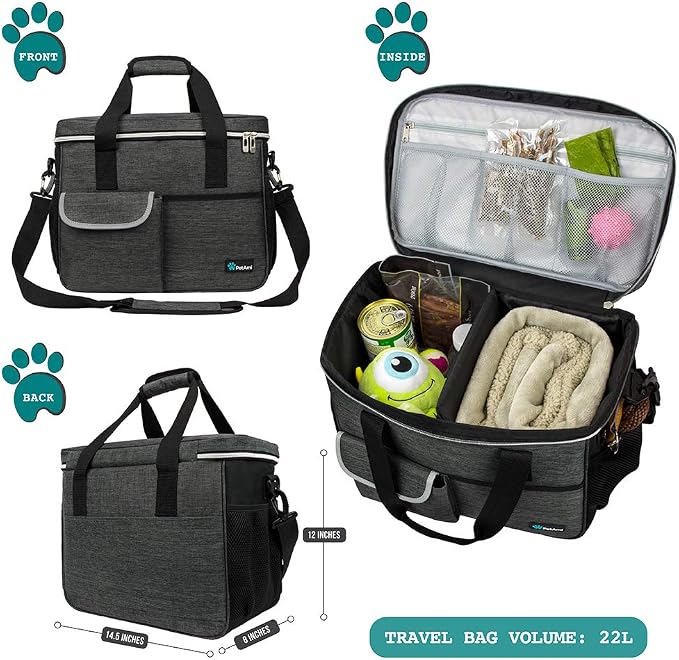 PetAmi Dog Travel Bag Organizer, Pet Supplies Diaper Tote, Dark Gray Medium | Pet Travel Kit with 2 Food Containers & 2 Collapsible Dog Bowls, Luggage Sleeve, Weekend Getaway Road Trip Camping Essentials - Image 2