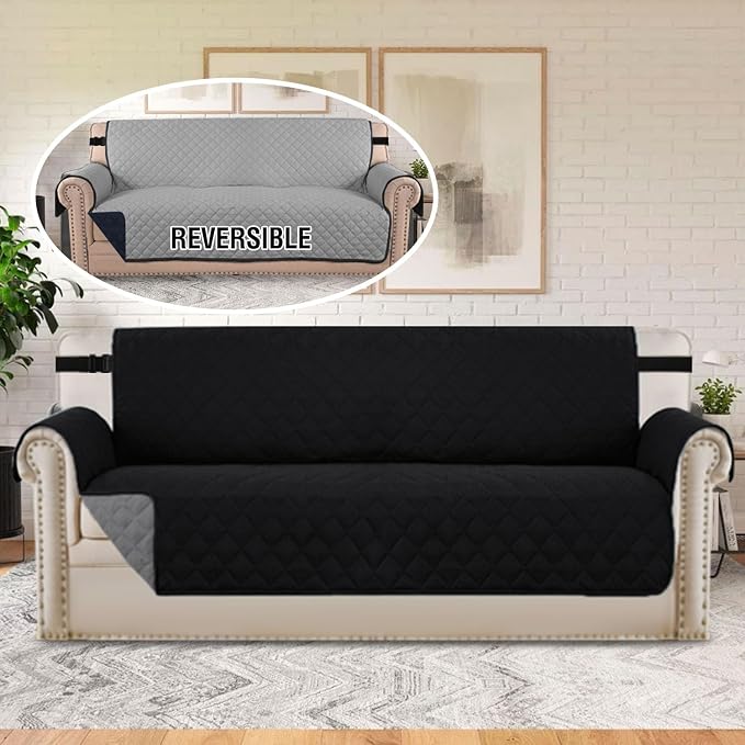 H.VERSAILTEX Water Resistant Couch Cover for 3 Cushion Couch Reversible Sofa Slipcover Quilted Furniture Protector with Elastic Strap Non Slip Sofa Cover for Dogs Pets(Sofa, Black/Grey) - Image 3