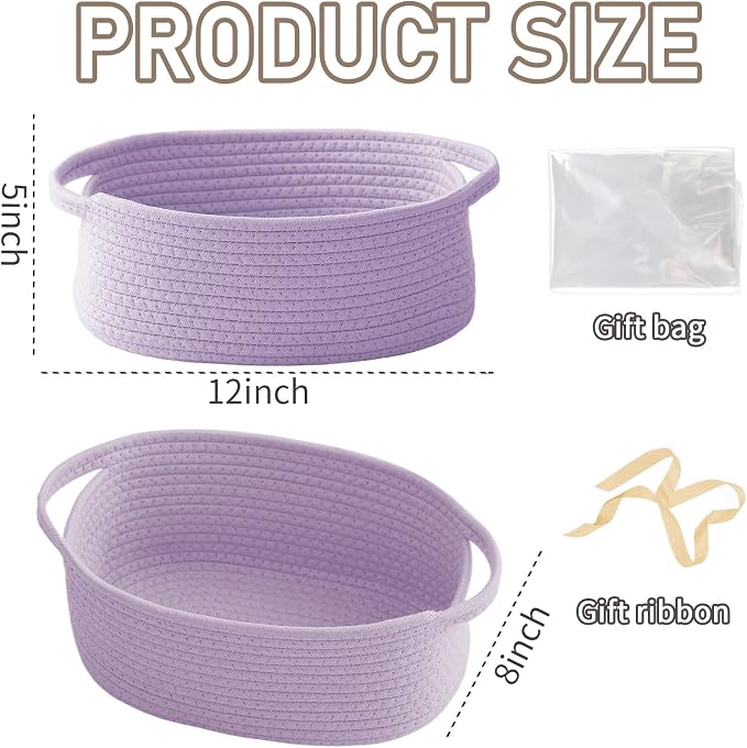JMvicyroam Small Woven Basket, Empty Gift Basket, Purple/3 Pack | Small Gift Basket, Cotton Rope, 12 x 8 x 47 in, Handles, Includes Ribbon and Bag, Birthday Gift Basket - Image 2