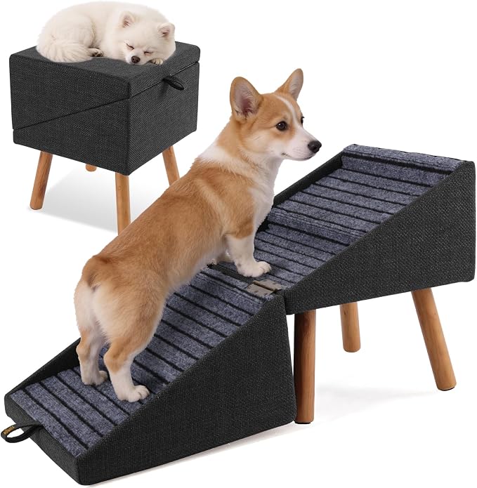 Dog ramp for Small Dogs, 2-in-1 Pet Steps & Ottoman - Foldable Dog ramp for Couch, Non-Slip Wooden Pet ramp for Puppy Senior Injured Dogs (Matte Black, XL(17.13H)) by Ziluce