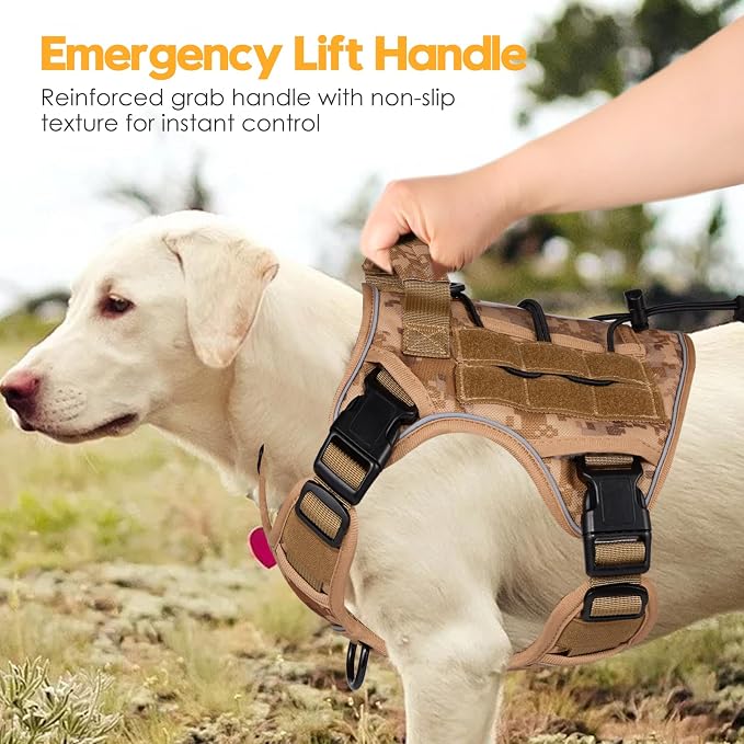 Heavy-Duty Tactical Dog Harness for Large Dogs, No Pull Adjustable Reflective Pet Vest with Molle System, K9 Military-Grade Control for Service Training, Outdoor & 10+ Breeds, Khaki Camo, Small - Image 8